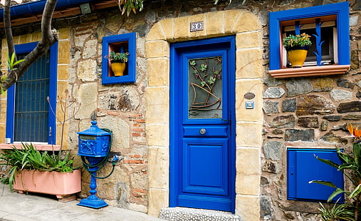 Niebieskie drzwi, niebieskie drewniane drzwi, Europa, Francja, Niebieski, Drzwi, Dom, Architektura, Okna, Fuji, wejście, x100s, fujifilm, Collioure, gmina, Tapety HD HD wallpaper