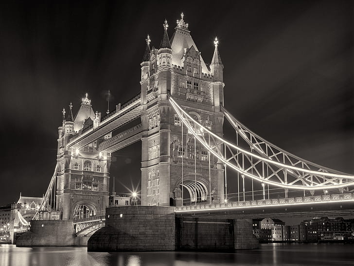 Tower Bridge Night Bridge London Lights BW HD, malam, malam, arsitektur, jembatan, lampu, menara, london, Wallpaper HD