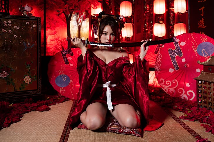 Kaos Kao, kadınlar, Asyalı, kırmızı, katana, kimono, HD masaüstü duvar kağıdı