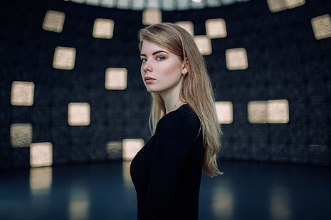 women's black long-sleeved shirt, blonde, Irina Popova, model, looking at viewer, women, long hair, HD wallpaper HD wallpaper