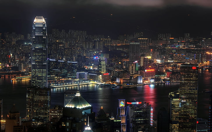 المناظر الطبيعية في المدينة ، هونغ كونغ ، الصين ، ناطحات السحاب ، الليل ، المدينة، خلفية HD