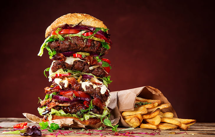 potato fries and burger, Hamburger, Food, Buns, Fast food, French Fries, HD wallpaper