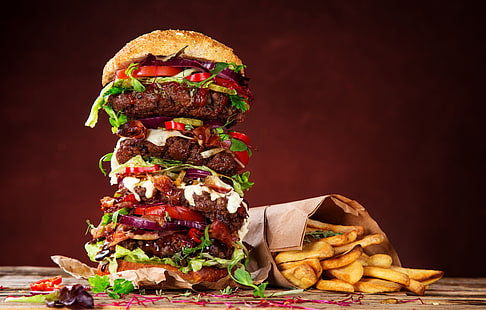 frytki i burger ziemniaczany, hamburger, jedzenie, bułeczki, fast food, frytki, Tapety HD HD wallpaper