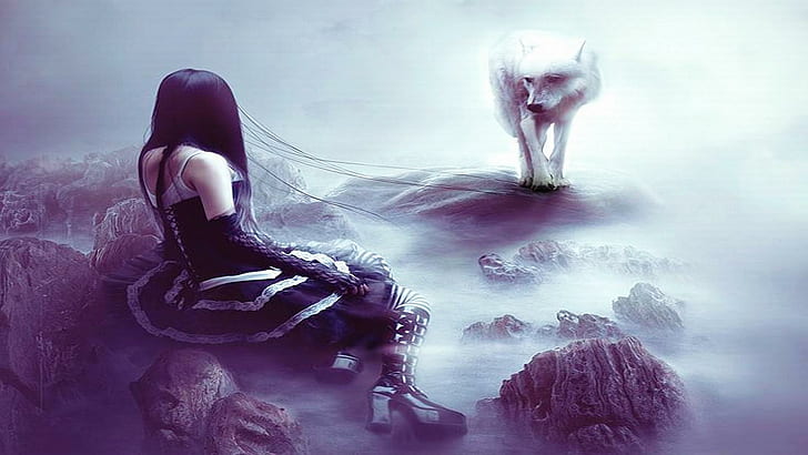 Lonely Souls, black, mist, gothic, background, wolf, white, 3d and abstract, HD wallpaper
