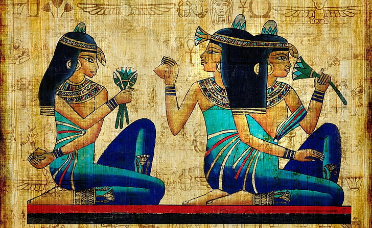 Arte del papiro, pittura egizia di tre donne sedute su tappetino rosso, vintage, papiro, Sfondo HD