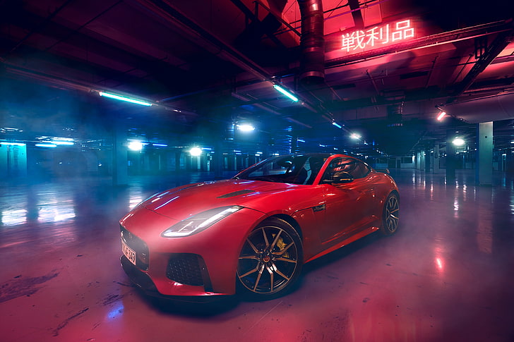 Jaguar F-Type, Jaguar, mobil, mobil merah, lampu neon, mobil mewah, Wallpaper HD