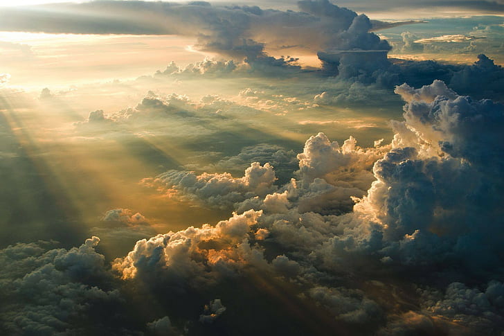 облака, солнце, солнечный свет, небо, вид с воздуха, природа, солнечные лучи, HD обои