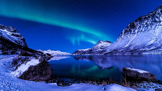 montagne, aurore boréale, lac, ciel, neige, atmosphère, arctique, paysage de montagne, gel, hiver, réflexion, eau, paysage, lumières polaires, Fond d'écran HD HD wallpaper