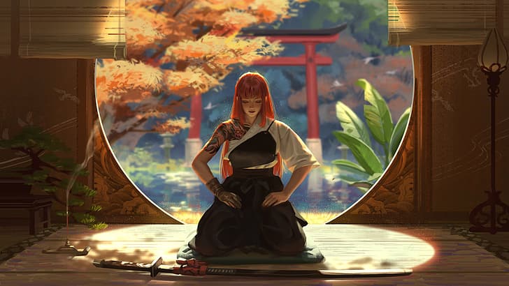 meditation, samurai, women, warrior, katana, temple, HD wallpaper