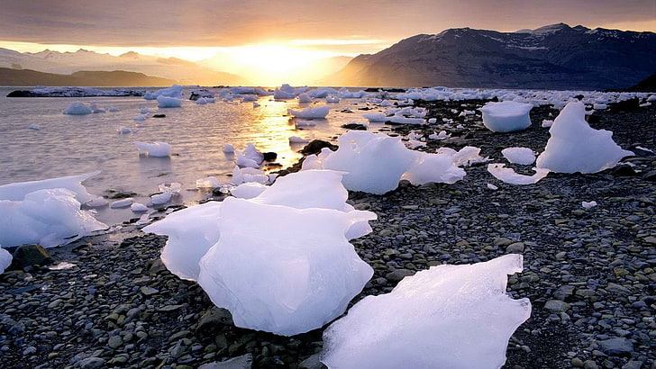 coucher de soleil glace lever du soleil paysages plage collines alaska icebergs galets baie reflets mer 1920x1080 w Nature Plages HD Art, glace, coucher de soleil, Fond d'écran HD