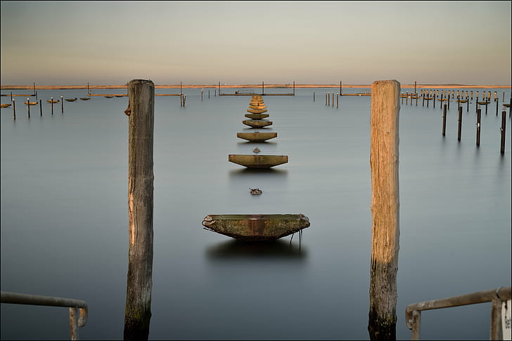 photo of two brown wooden posts, photo, posts, harbour, long, time exposure, Hafen, Steg, Ostsee, Poller, bollard, nature, sea, water, pier, jetty, wood - Material, lake, nautical Vessel, outdoors, tranquil Scene, reflection, HD wallpaper