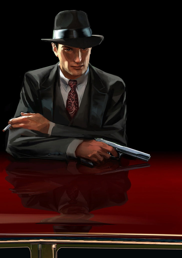 homme portant un costume noir peinture, Mafia II, artwork, Mafia, jeux vidéo, Fond d'écran HD, fond d'écran de téléphone