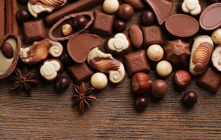 chocolate lot, chocolate, candy, sweets, nuts, dessert, star anise, Anis, HD wallpaper