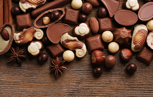 chocolate lot, chocolate, candy, sweets, nuts, dessert, star anise, Anis, HD wallpaper HD wallpaper