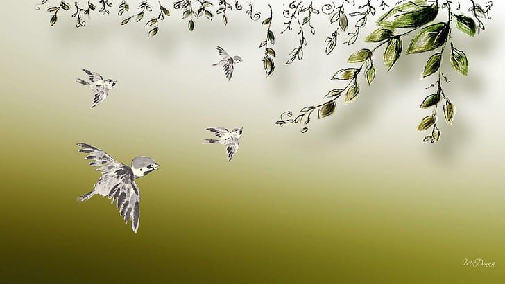 Leaves Of Life, firefox persona, drawn, oriental, olive, tree, leaves, green, spring, birds, abstract, limb, HD wallpaper