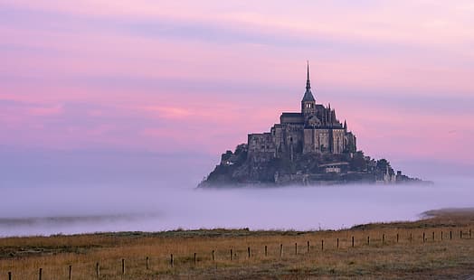  clouds, sunset, fog, castle, France, the air, glow, fortress, Mont-Saint-Michel, HD wallpaper HD wallpaper