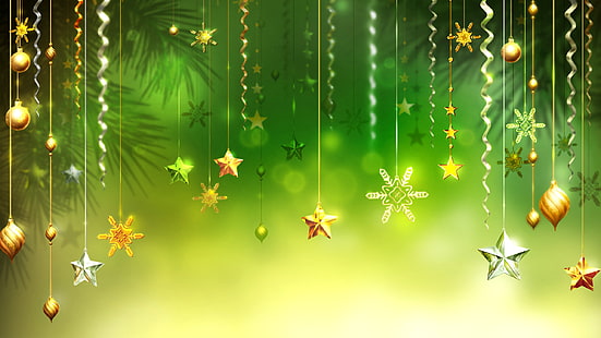 Christmas Green Background Stars Snowflakes Decorative Ornaments Pictures Wallpapers For Desktop Laptop And Tablet 2560×1440, HD wallpaper HD wallpaper