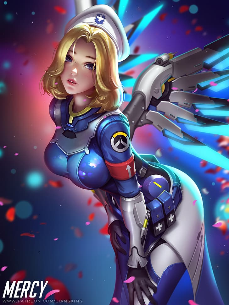 Mercy (Overwatch), Overwatch, video games, video game characters, video game girls, women, fantasy girl, blonde, berets, armor, wings, blue eyes, looking at viewer, freckles, glowing, depth of field, gloves, portrait display, vertical, artwork, 2D, illustration, drawing, digital art, fan art, Liang Xing, Liang-Xing, HD wallpaper
