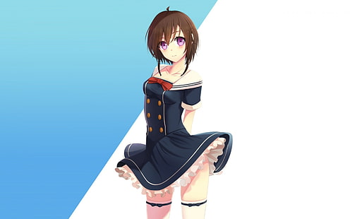female in dress 3D wallpaper, anime, thigh-highs, pink eyes, brunette, short hair, dress, original characters, anime girls, purple eyes, HD wallpaper HD wallpaper