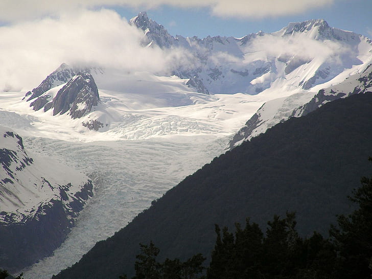 Fox Glacier, gün boyunca kar yağışlı dağlar, gecekondu, buzul, yeni zelanda, soğuk, 3d ve soyut, HD masaüstü duvar kağıdı