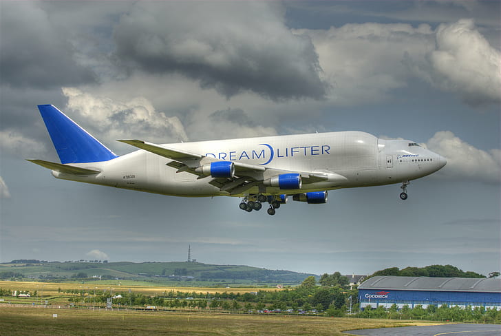 747 400, самолеты, авиалайнер, самолет, белуга, Боинг, грузовой, мечтатель, самолет, небо, транспорт, HD обои