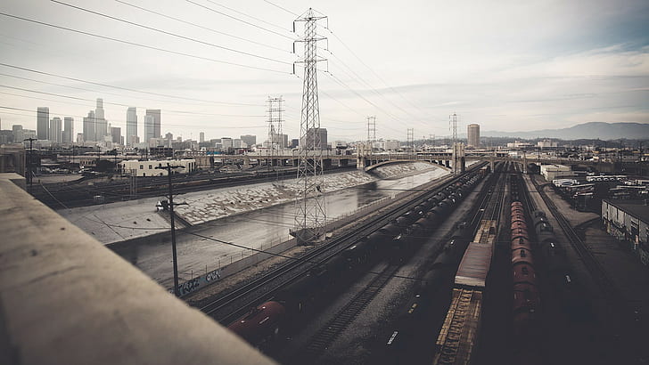 превозно средство, градски пейзаж, влак, железопътна линия, Лос Анджелис, електропроводи, HD тапет