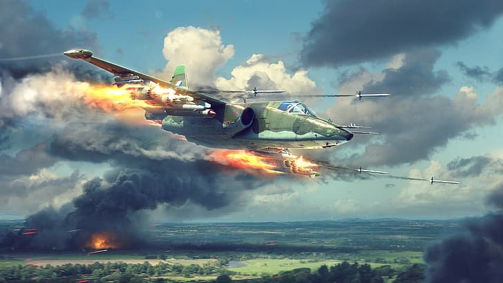 Сухой, самолеты, небо, облака, война, ракета, огонь, дым, произведение искусства, HD обои