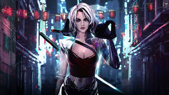arte digitale, cyberpunk, fantascienza, città cyber, spada giapponese, katana, capelli bianchi, cyborg, opera d'arte, Sfondo HD HD wallpaper
