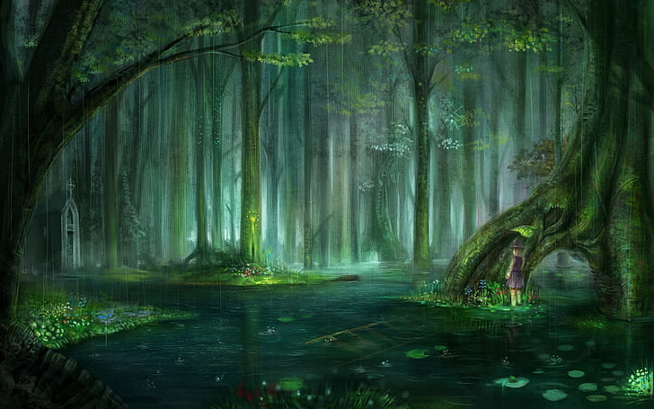 блондинки зелена вода видео игри природа тууу дървета дъжд цветя гора богиня храмове мория сувак природа цветя HD изкуство, зелено, блондинки, HD тапет