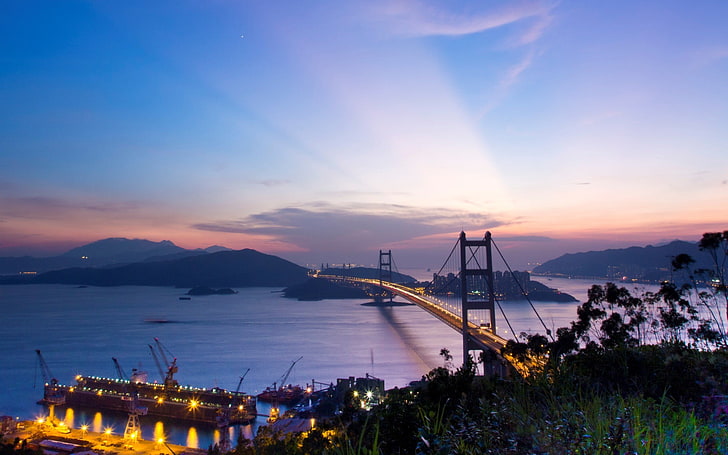 Мост Золотые Ворота, природа, пейзаж, Гонконг, город, ночь, HD обои