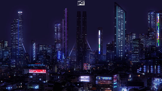 lotto di grattacieli, fantascienza, città futuristica, città, cyberpunk, neon, Giappone, Jonathan Lucero, Sfondo HD HD wallpaper