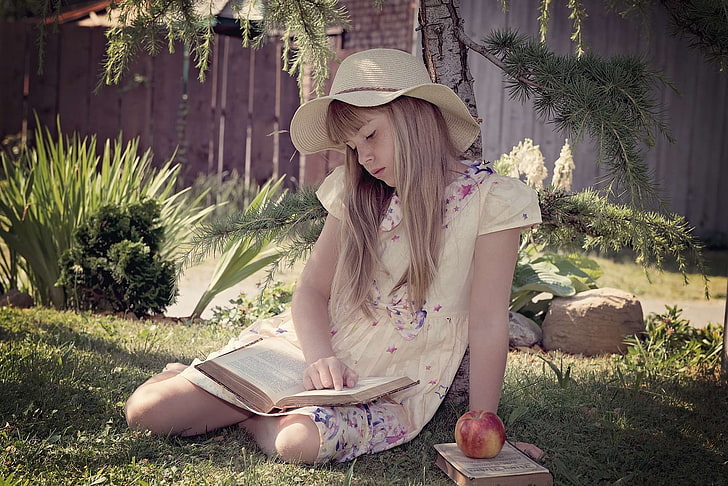 apple, beautiful, blond, blonde, books, child, garden, girl, grass, hat, kid, knowledge, lawn, outdoors, person, reading, HD wallpaper
