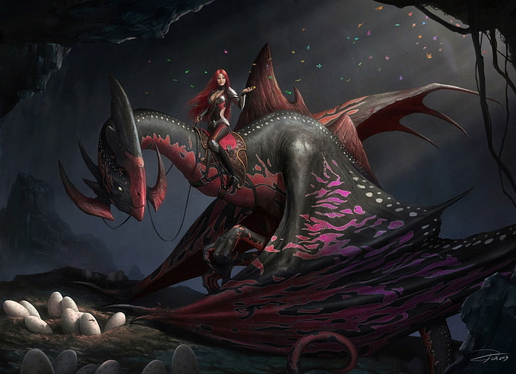 жена езда дракон цифров тапет, момиче, дракон, яйца, изкуство, пещера, червено, HD тапет