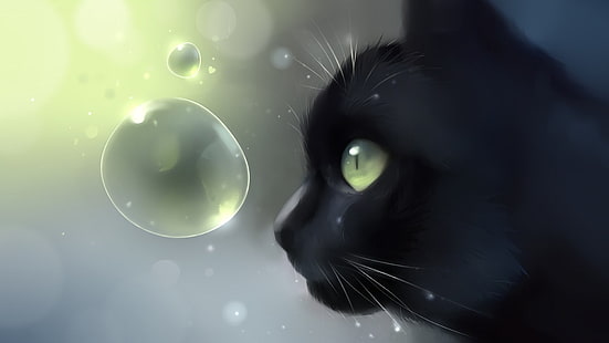 black cat illustration, closeup photo of black cap near clear bubble, Apofiss, artwork, bubbles, cat, animals, HD wallpaper HD wallpaper