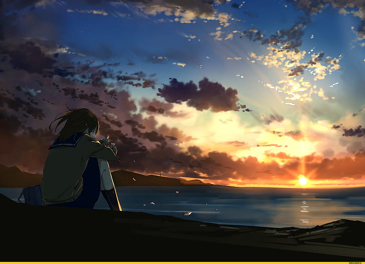 sunrise, anime boys, feelings, horizon, nature, sky blue, HD wallpaper