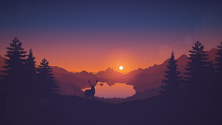minimalism, scenic, toon colors, deer, sun, forest, trees, mountain, Others, HD wallpaper