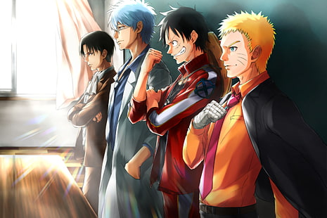Anime, Crossover, Ataque dos Titãs, Levi Ackerman, Macaco D. Luffy, Naruto, Naruto Uzumaki, One Piece, HD papel de parede HD wallpaper