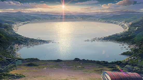 Kimi no Na Wa, Il tuo nome, paesaggio, lago, montagne, realistico, Sfondo HD HD wallpaper