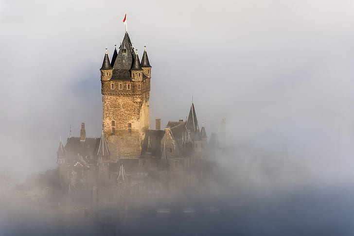 the city, fog, castle, Germany, mist, Cochem, haze, Reichsburg Cochem, Rhineland-Palatinate, HD wallpaper