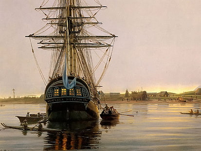 black galleon ship, sailing ship, ship, vehicle, rowboat, artwork, HD wallpaper HD wallpaper