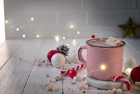 decorazione, Capodanno, Natale, tazza, tazza, Natale, Allegro, cioccolata calda, marshmallow, marshmallow, Sfondo HD HD wallpaper