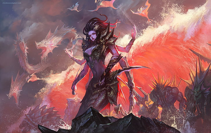 Lady Vashj, waves, Warcraft III, Mitology, creature, dragon, HD wallpaper