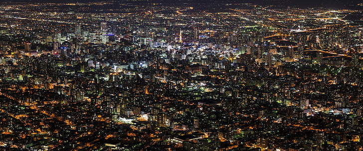 Città, Città, Ripresa aerea, Paesaggio urbano, Giappone, Notte, Sapporo, Sfondo HD