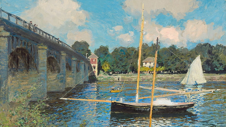 Obra de arte, puente, arte clásico, Claude Monet, Francia, pintura, río, Fondo de pantalla HD