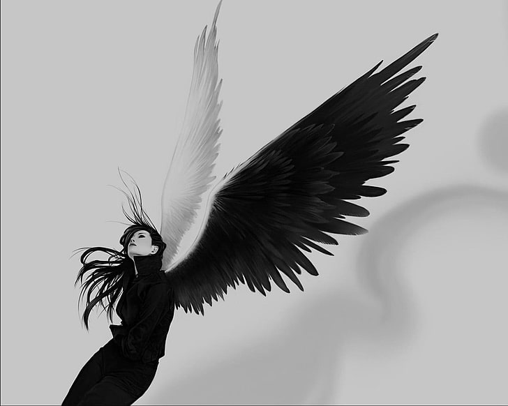 Frau mit Schwarzweiss-Flügelgrafik, Frauen, Flügel, Engel, Fantasiekunst, Fantasiemädchen, HD-Hintergrundbild