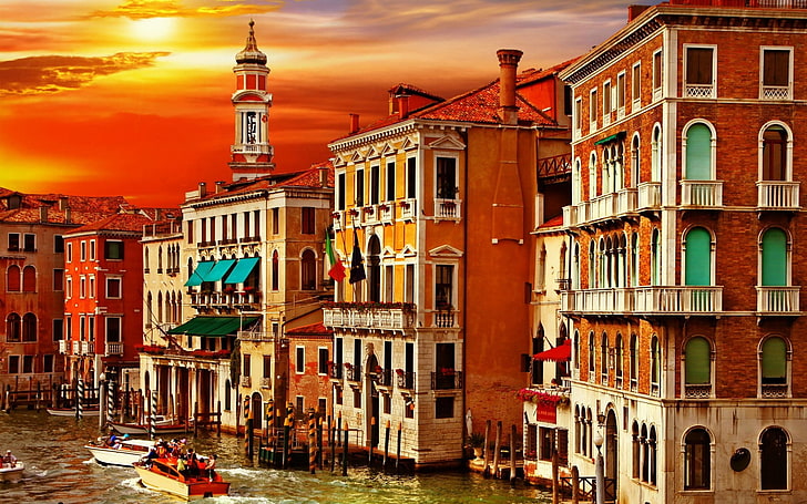 brown concrete high-rise building paintings, Venezia Canal Grande, Italy, house, Sun, Venice, building, boat, HD wallpaper