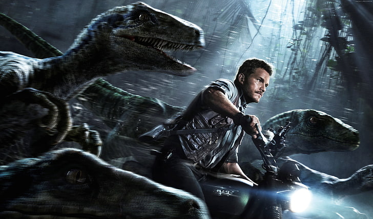 Jurassic World, las, Najlepsze filmy 2015, film, dinozaur, Owen, Dinozaury, Chris Pratt, Tapety HD