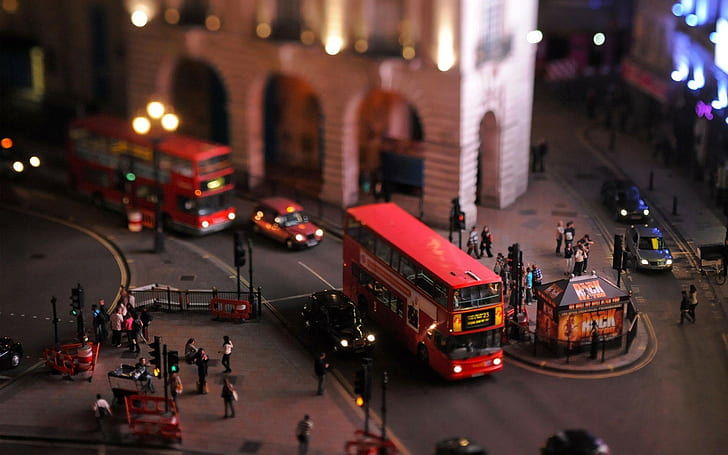 buses, London, doubledecker, tilt shift, UK, cityscape, HD wallpaper