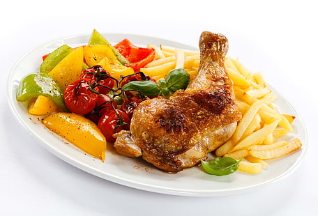 fried chicken, dish, chicken, salad, potatoes, white background, HD wallpaper HD wallpaper