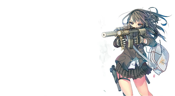 аниме, аниме девушки, пистолет, оригинальные персонажи, школьная форма, оружие, HD обои HD wallpaper